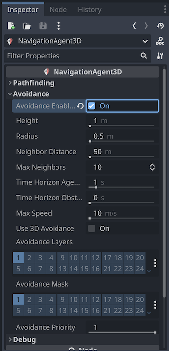 The Avoidance section of the NavigationAgent3D