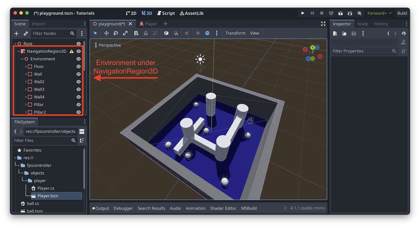 The node tree with the environment under the newly created NavigationRegion3D