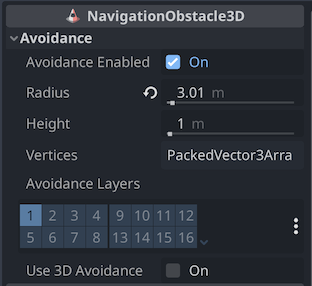 The Settings for NavigationObstacle3D