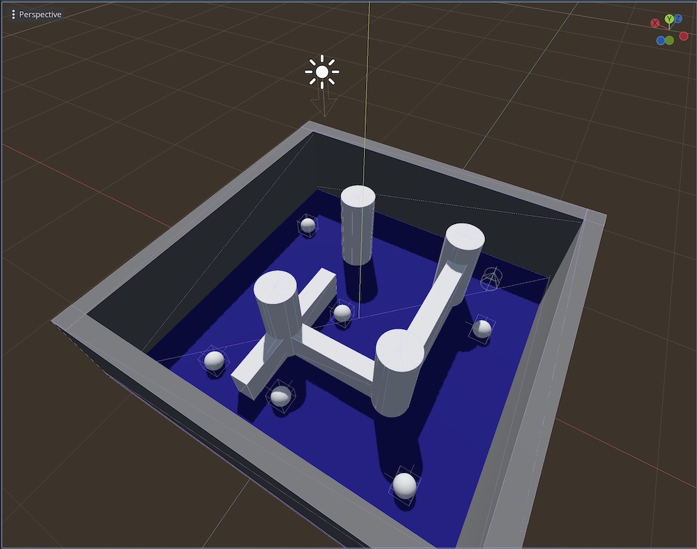 A simple scene with blue floor and white walls and pillars with white spheres placed throughout