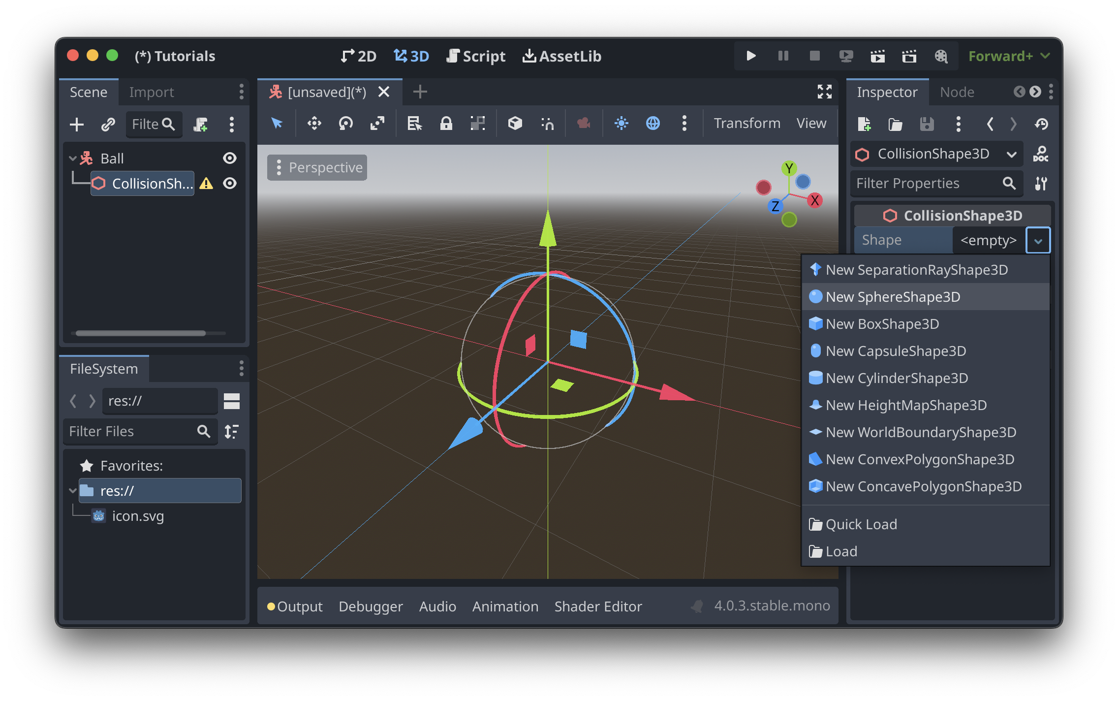 The Godot editor, showing the shape creation menu