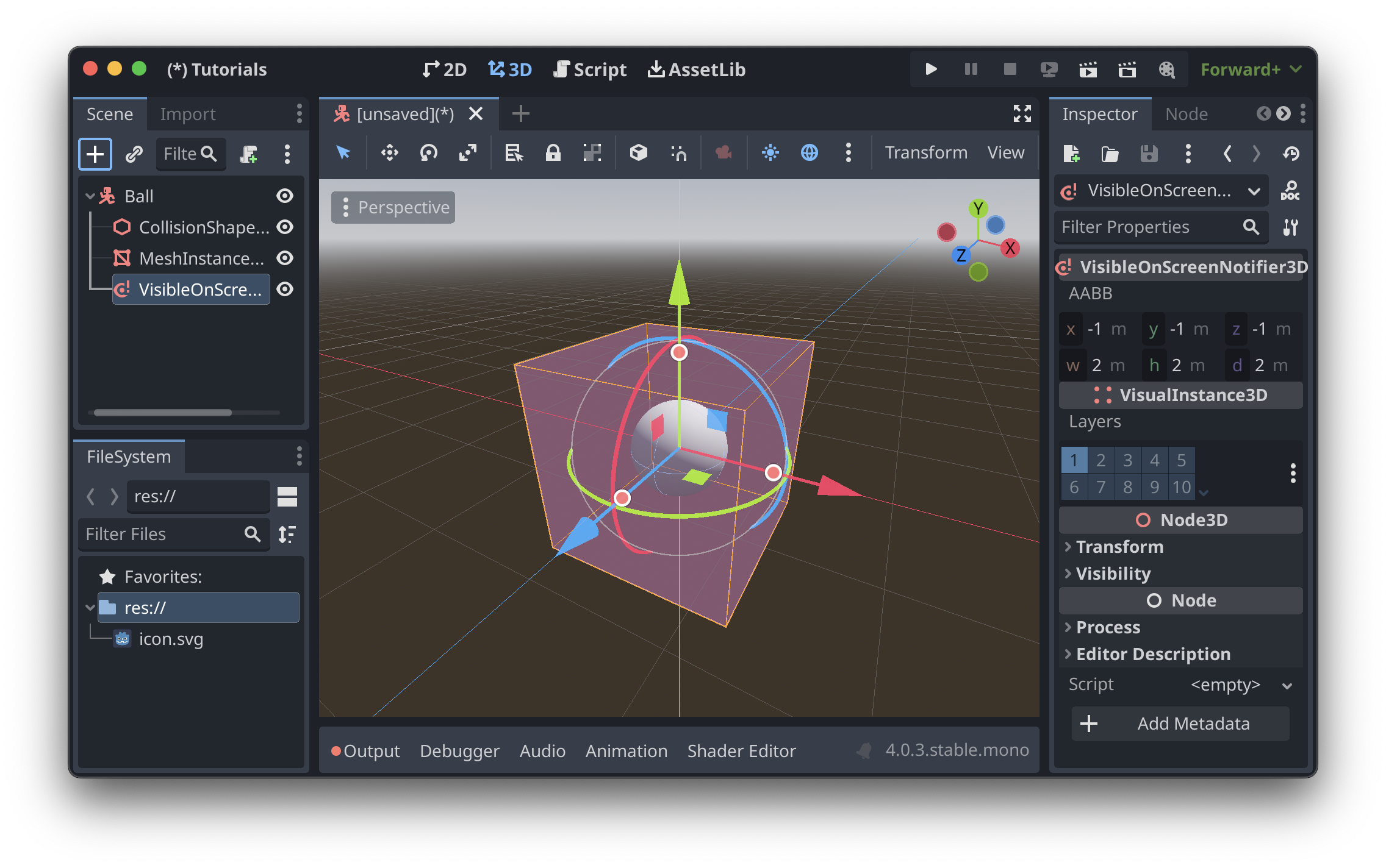 The Godot editor, showing the gizmo and configuration for the VisibleOnScreenNotifier3D