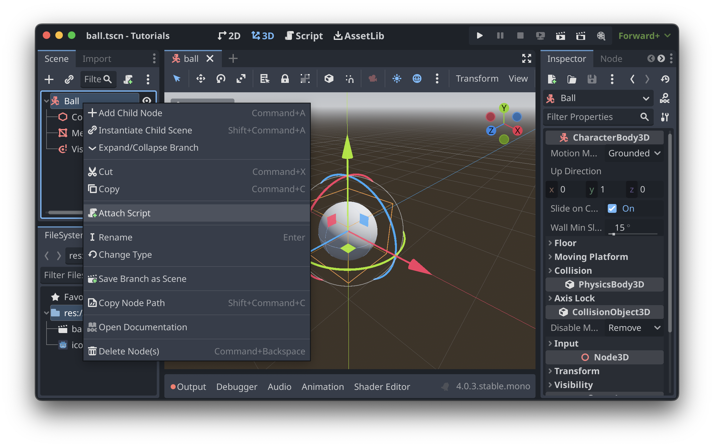 The Godot editor, showing the context menu when right clicking on a node, with "attach script" selected