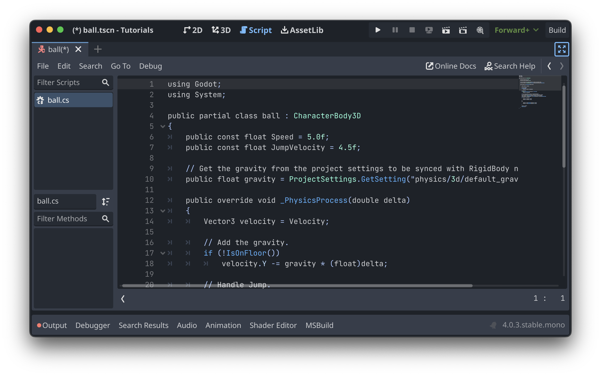 The Script tab in the Godot editor, showing the newly created script