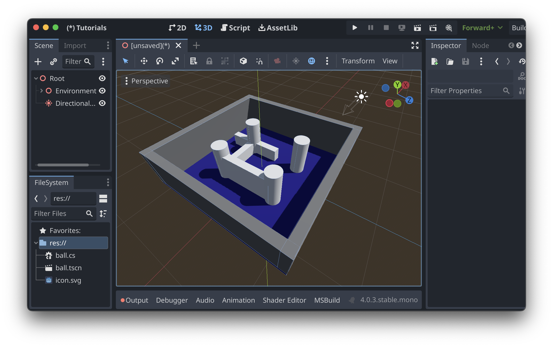 The Godot editor, showing a simple level with four cylindar pillars and cuboid walls connecting some of the pillars