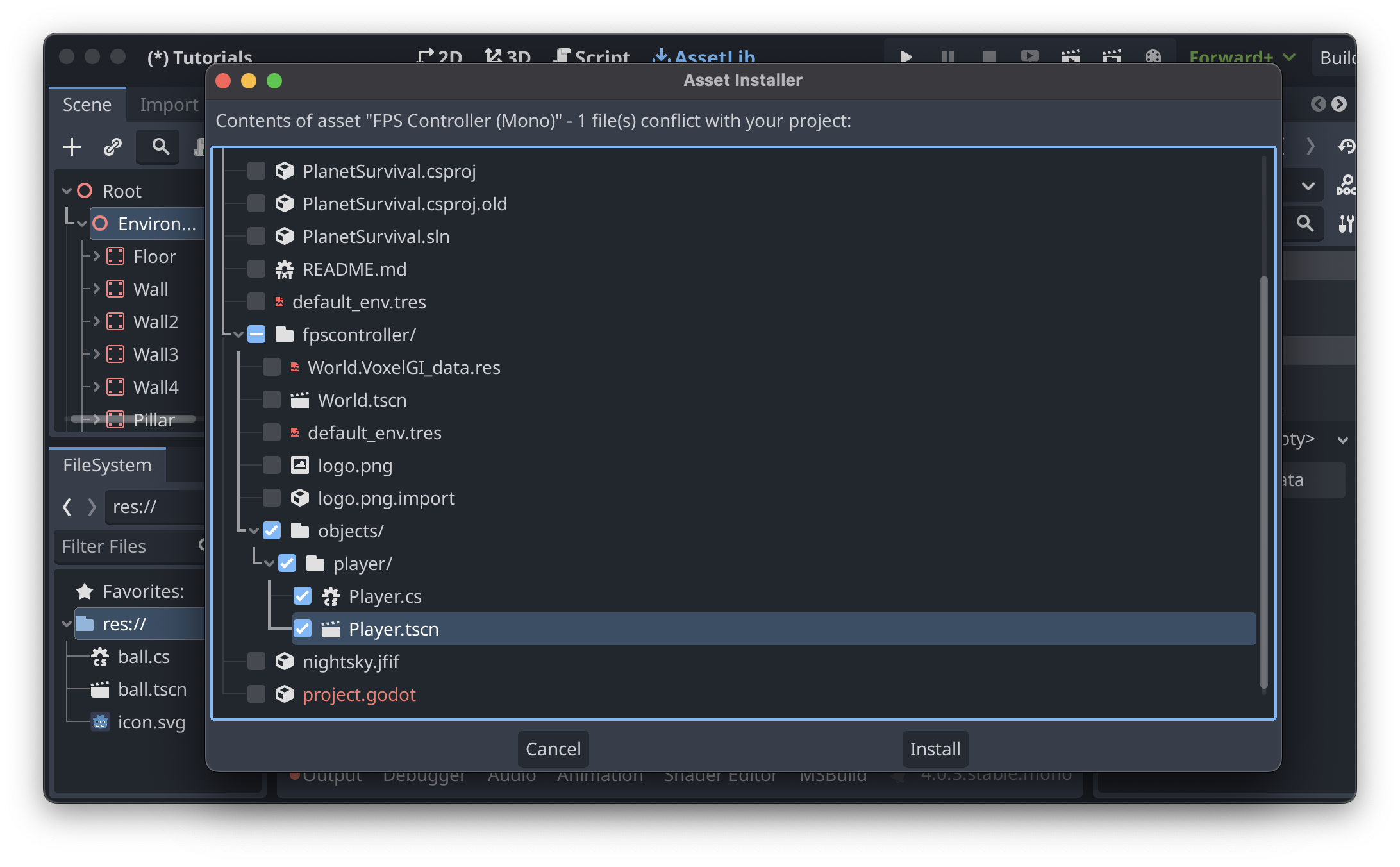 The Asset Installer dialogue showing the two files selected for import. The files are located under "fpscontroller/objects/player/"