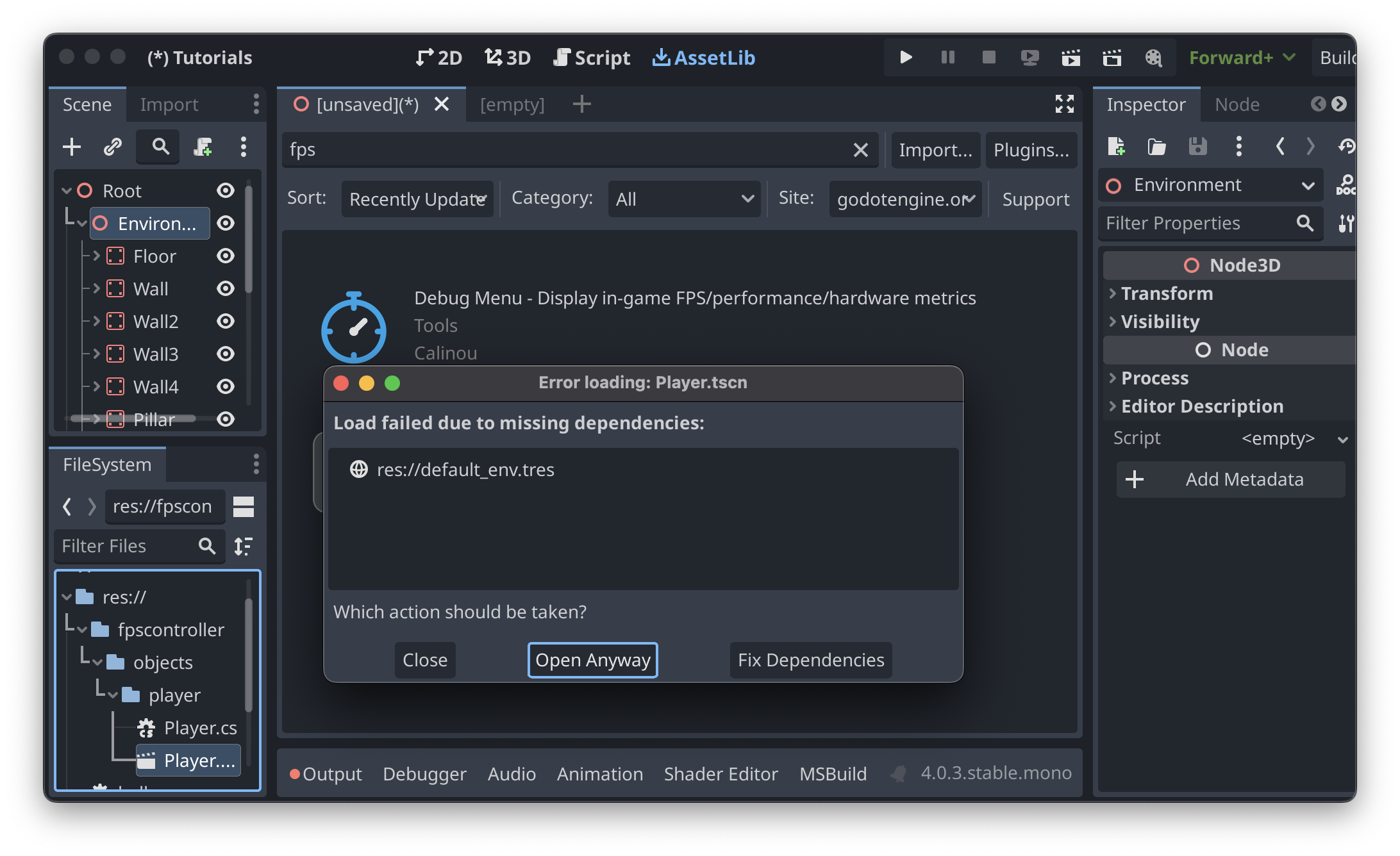 An error dialogue titled "Error loading: Player.tscn" with the message "Load failed due to missing dependencies: res://default_env.tres", with the button "Open Anyway" highlighted