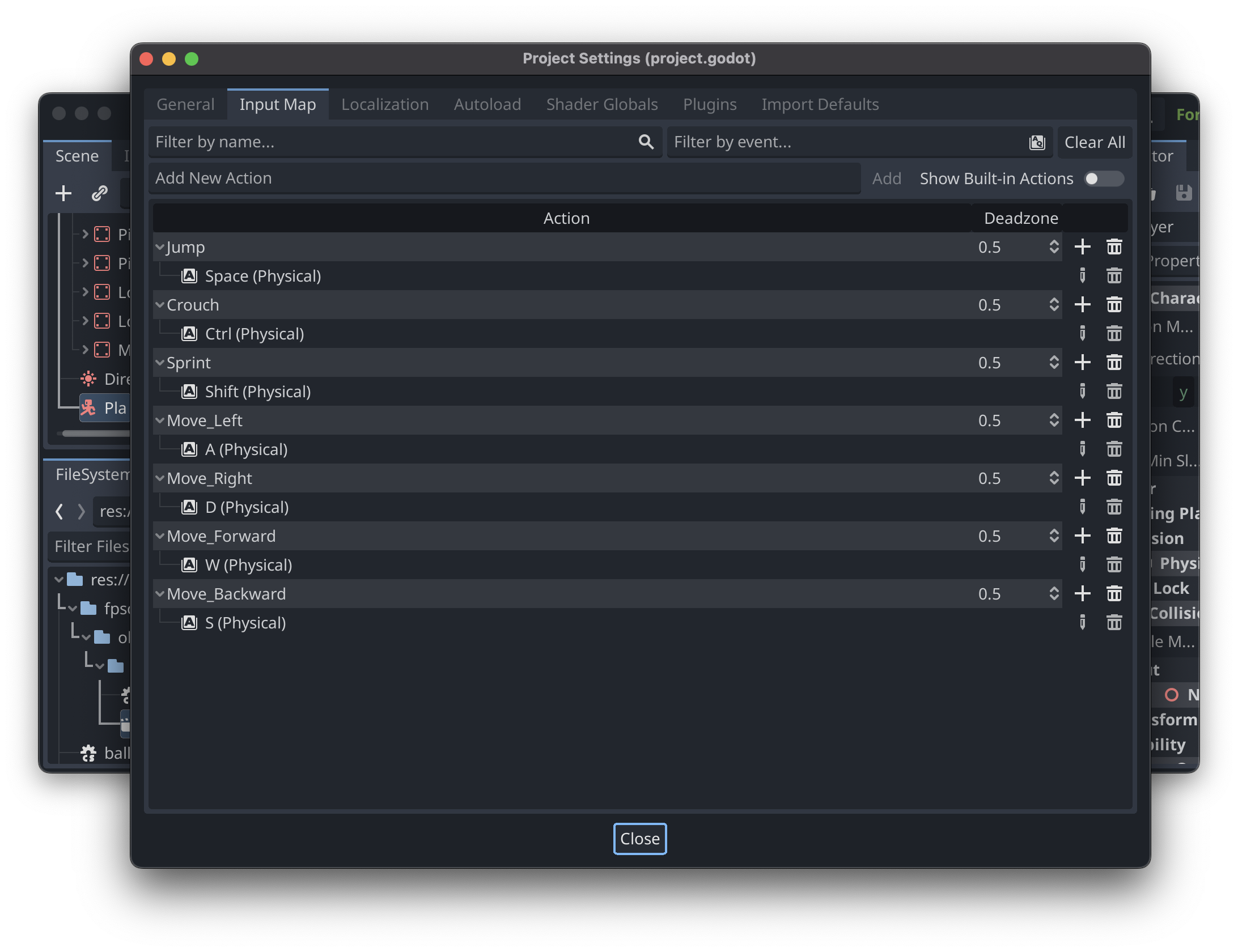 The Project Settings dialogue, opened to the Input Map. The defined actions are Jump, Crouch, Sprint, Move_Left, Move_Right, Move_Forward, Move_Backward. These actions are bound to keyboard keys.