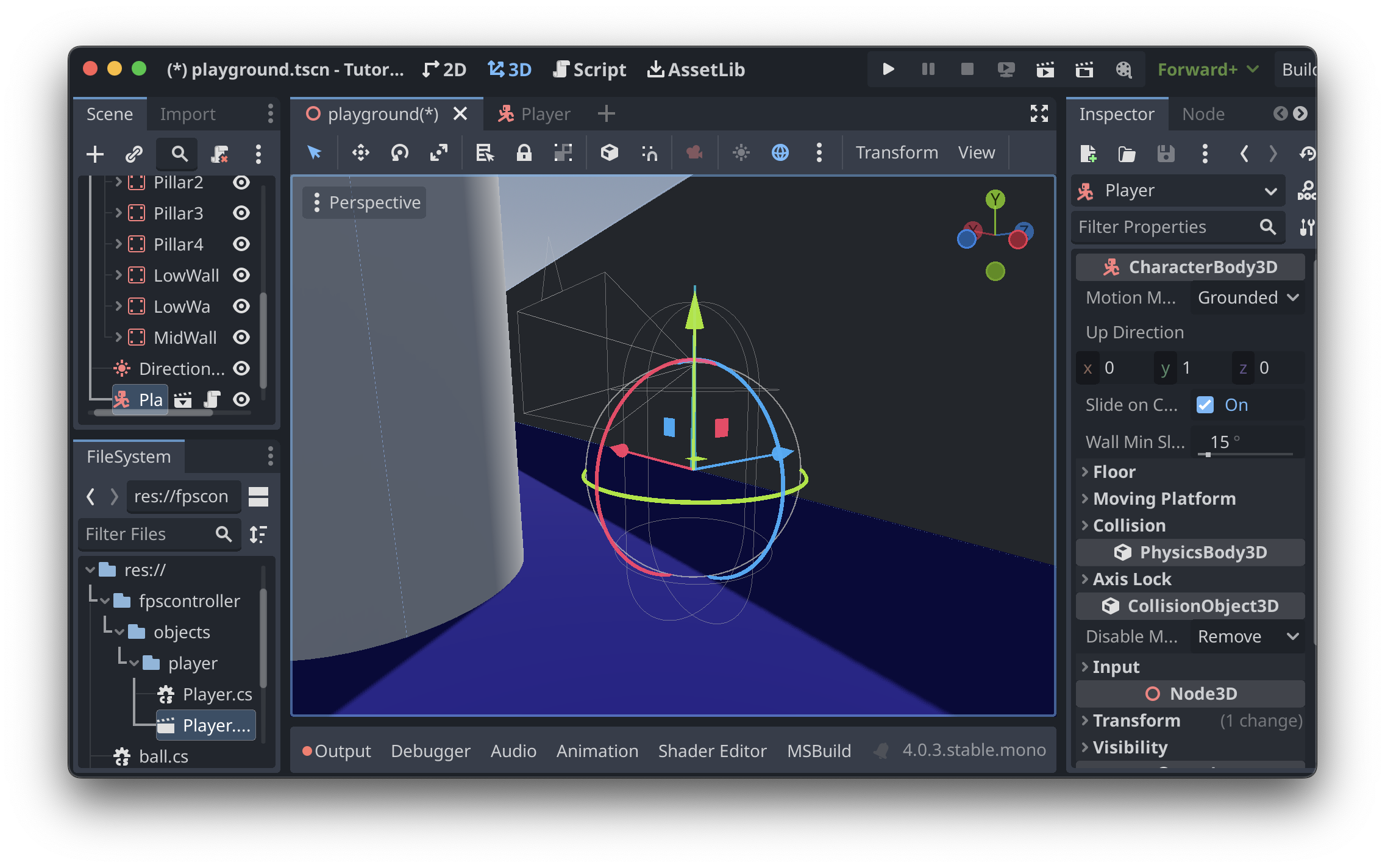 The Godot Editor, showing the player object in the environment