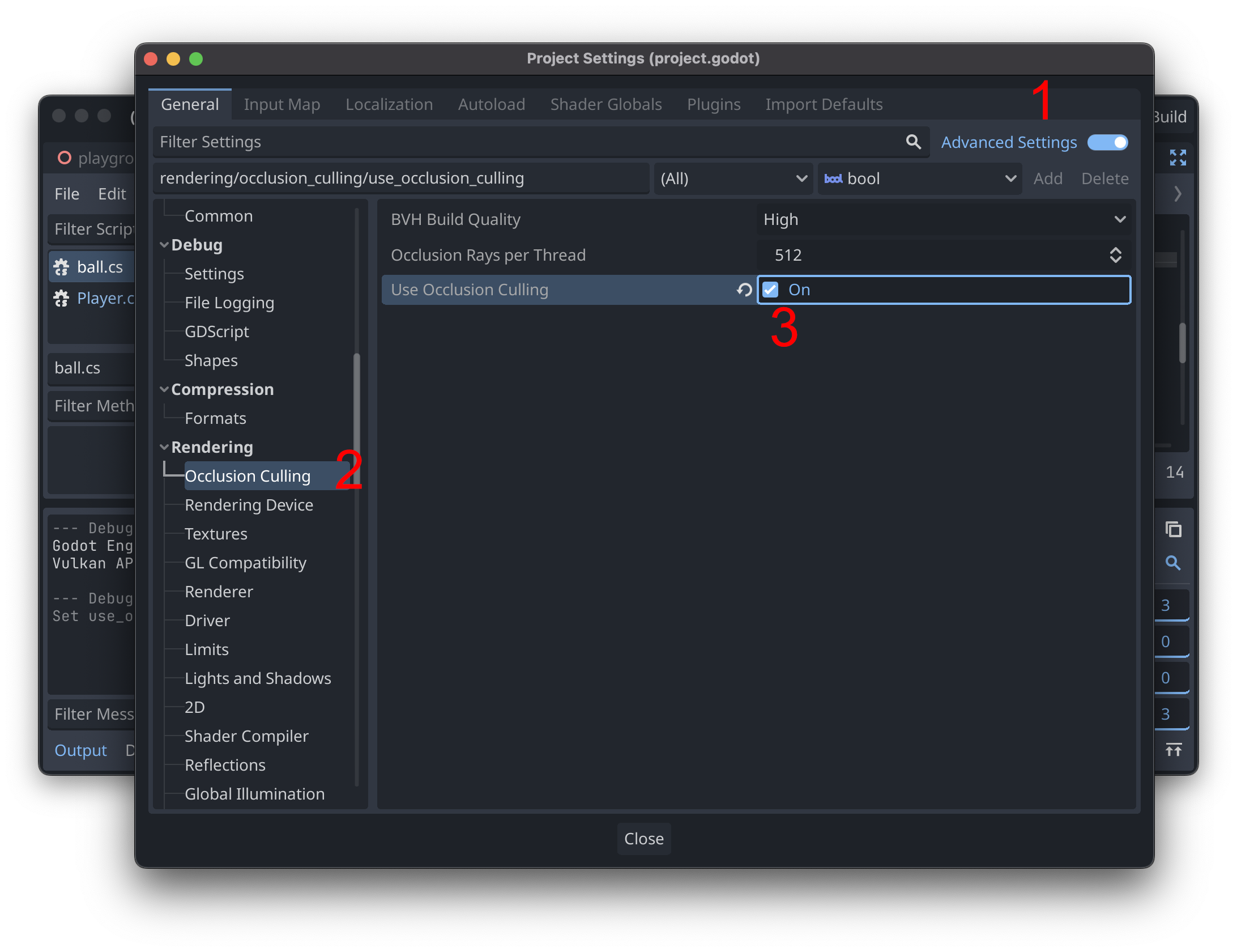 The Project Settings Dialogue, annotated with red numbers. Number 1 is the Advanced Settings toggle, which has been toggled on. Number 2 is on the left-hand list of setting categories, showing where "Rendering/Occlusion Culling" is in the list. Number 3 is on the checkbox for "Use Occlusion Culling", which is checked.