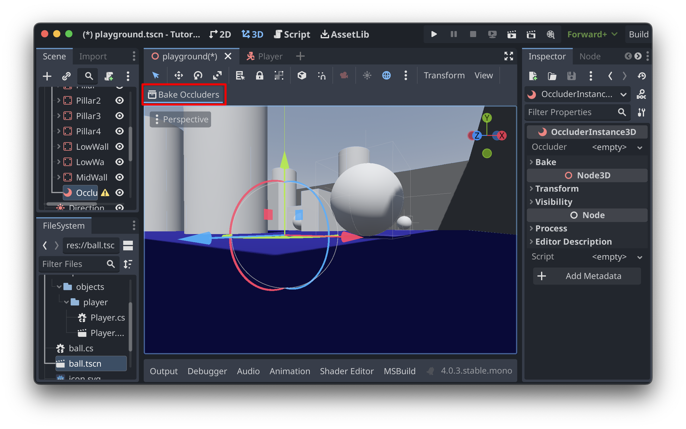 The Godot editor, with a red outline around a new button that has appeared at the top of the viewport labeled "Bake Occluders"
