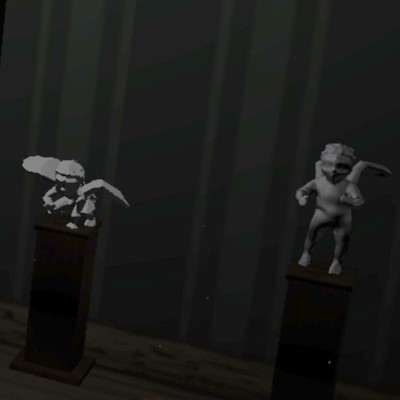 A screenshot from Stonewick Manor, two pillars with cherub statues on top.