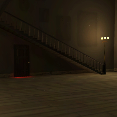 A screenshot from Stonewick Manor, a large empty room with unpainted walls and a staircase, lit by a pole light. Underneath the staircase is a door with red light bleeding out from underneath.