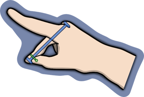 An illustration showing a hand with the thumb touching the middle finger. There's a line overlaid on top of the middle finger and a notch in the line where the thumb has been projected onto the line.