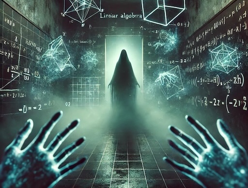 An AI-generated image of a ghostly figure standing in the doorway of a plain room lit blue by abstract mathematical shapes and figures on the walls, with a vaguely astral feeling. The viewer's hands are visible at the bottom of the image, the same color as the astral math symbols.